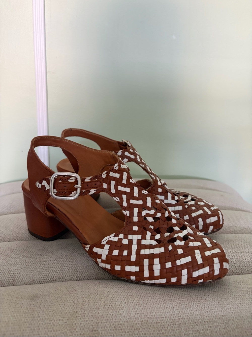 Naguisa Heels Shoes Vintage 1930s Sandals Anthropologie Brown Woven 6.5 Size 36